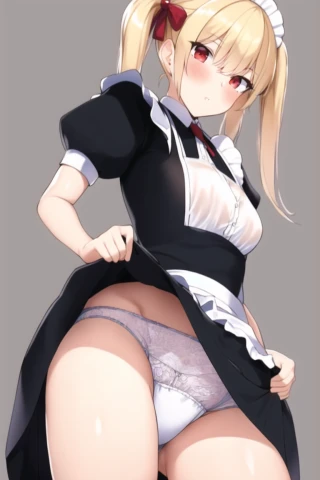 Twin tails, Small breasts, Lifting up skirt, Tall, Skirt, Cool, Maid uniform, See-through, Underwear